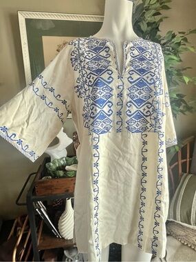 Anthropologie NWT Cotton Top with Blue Embroidery